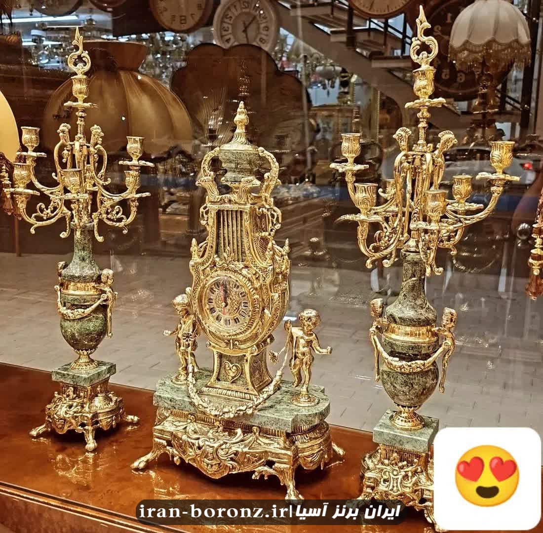ساعت و شمعدان خروسی برنزی با سنگ سبز