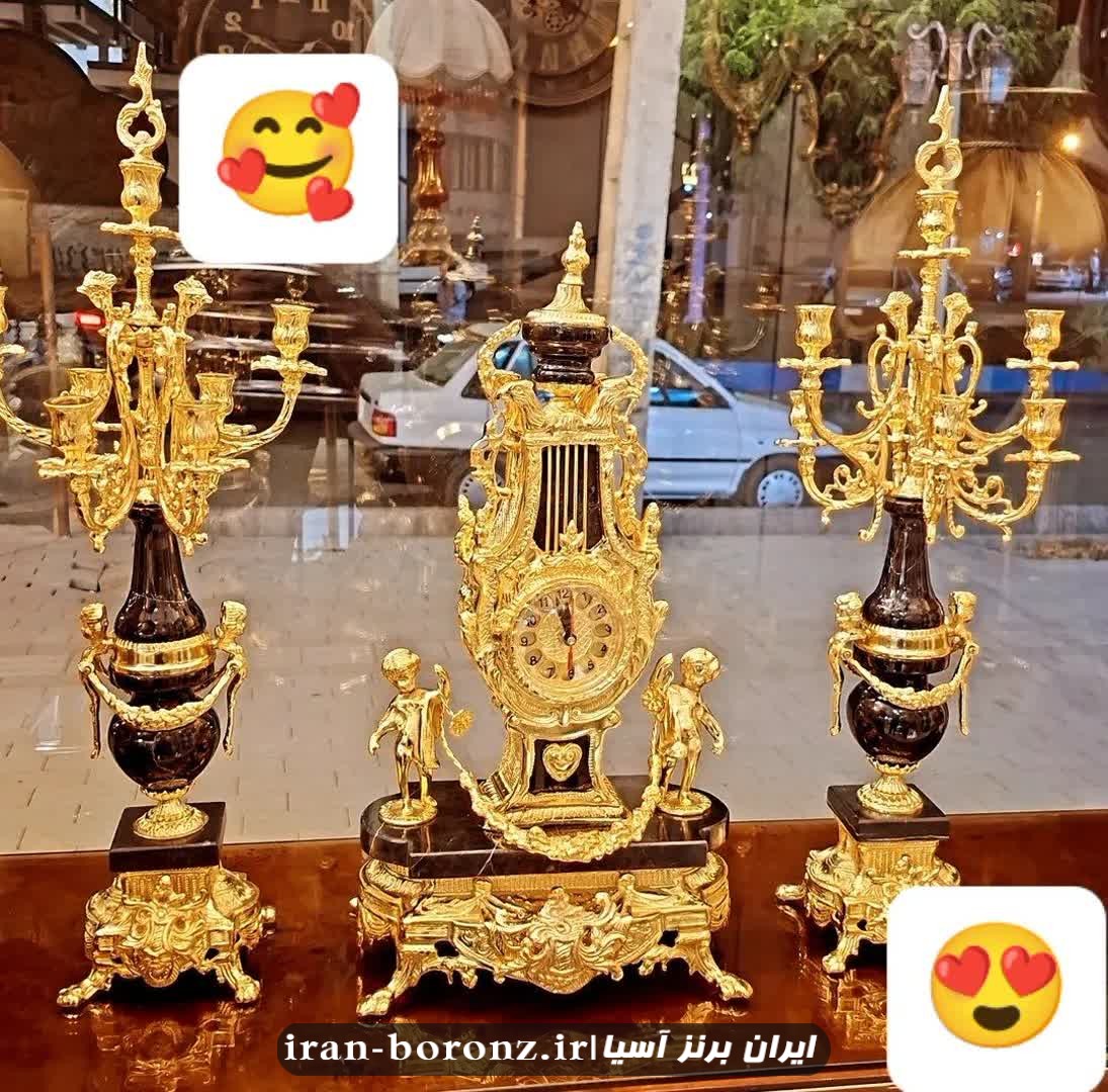 ساعت و شمعدان خروسی برنزی با سنگ مشکی