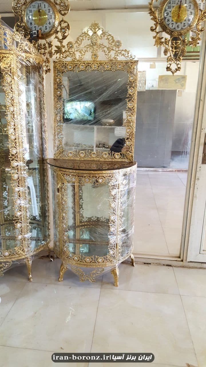 آینه کنسول بوفه دار ویترین دار برنزی مدل نیم گرد گل آفتاب گردان