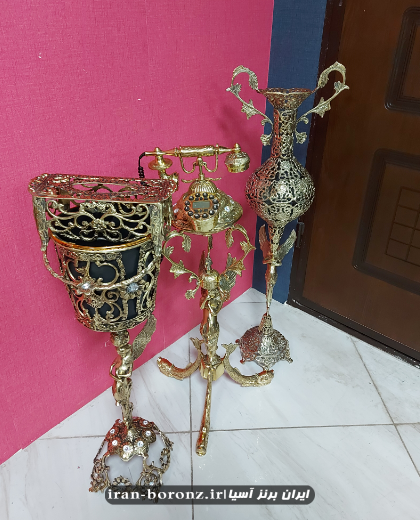 ست سطل و جا دستمال گلدان و تلفن ایستاده برنزی مدل فرشته پر کار