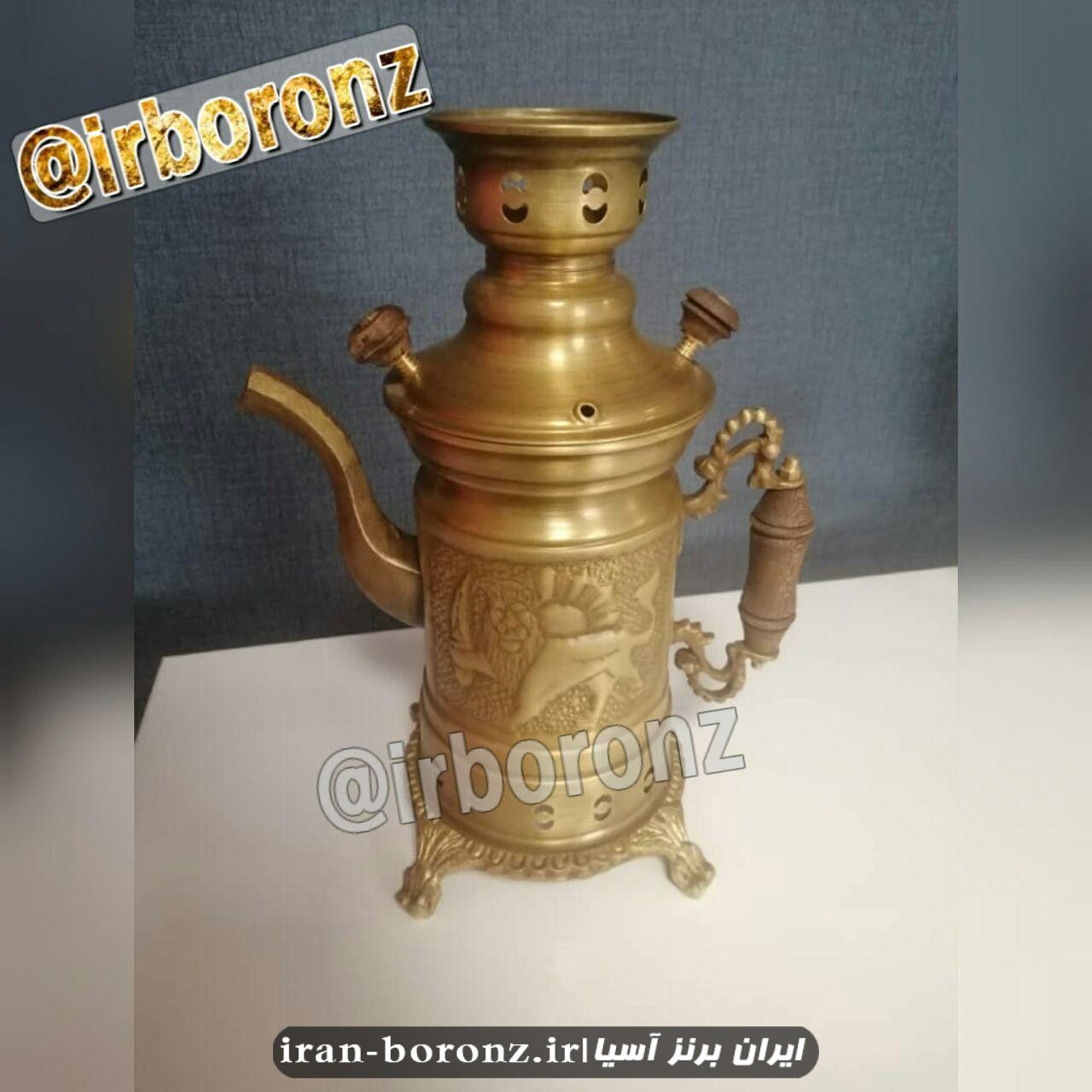  سماور برنزی کتری دار شکاری ذغالی مدل استوانه ای