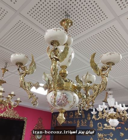 لوستر 5 شاخه برنزی مدل فرشته سرامیکی سفید