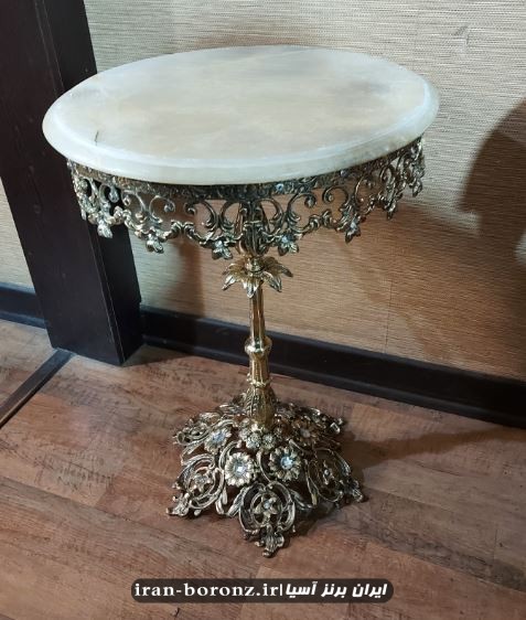 میز تلفن برنج برنزی مدل پایه نگینی گرد پرکار با سنگ مرمر