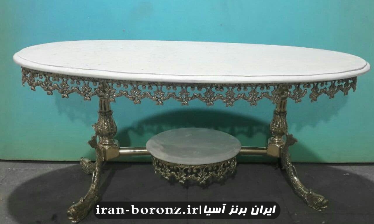 جلو مبلی عسلی برنزی مدل پایه ماهی دو طبقه بیضی